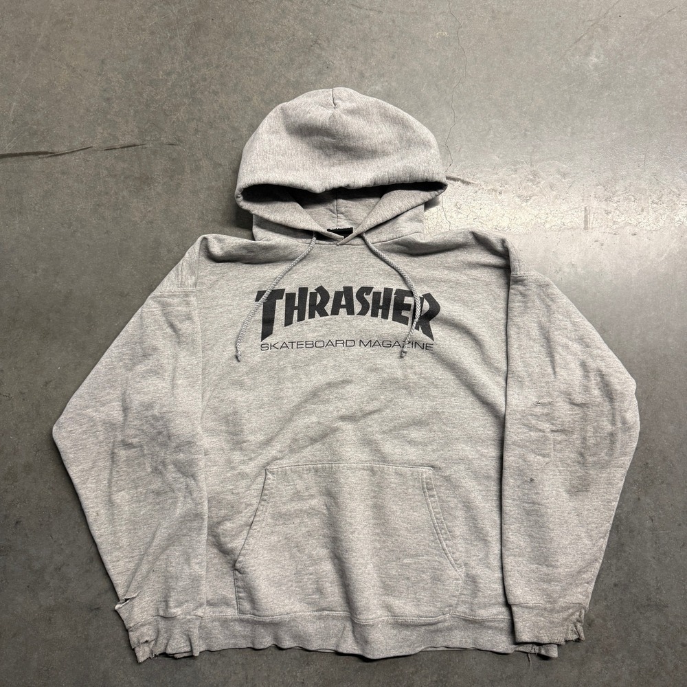 Thrasher Skateboard Magazine Hoodie Gray Distressed Logo Sweatshirt Large
